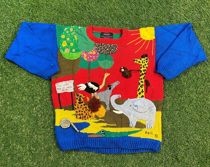 Vintage King of the Jungle Contest Knit Crewneck Sweater Raquel Small S Safari Planet Earth Animals 1990s 90s Pull Over Oversized Handmade
