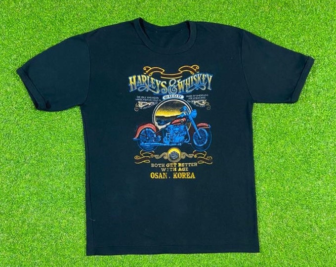 Vintage Harley-Davidson Harleys & Whiskey Black Shirt Osan Korea 80s 90s 3D Motorcycle Truckers Biker Rare XL Hog
