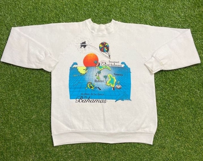 Vintage Bahamas Crewneck Sweatshirt Made USA Size Medium M Island Palm Trees Tropical Beach Caribbean 1990s 90s Pull Over Oversized