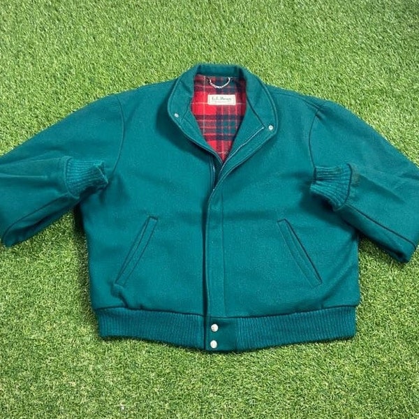 Vintage Green Jacket Bomber Coat LL Bean Made USA Size Large L Classic Fit Sportswear Outerwear Winter Coat 1990s 90s Wool