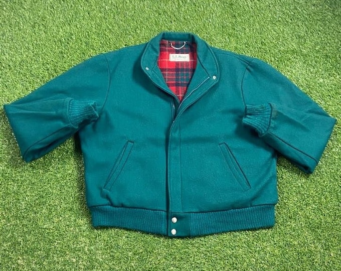 Vintage Green Jacket Bomber Coat LL Bean Made USA Size Large L Classic Fit Sportswear Outerwear Winter Coat 1990s 90s Wool