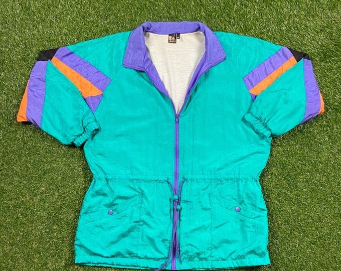 Vintage Graphic Windbreaker Zip Up Jacket LA Workout Size Medium M Multicolor Streetwear Sport Active Wear Classic Light Rain Coat 1990s