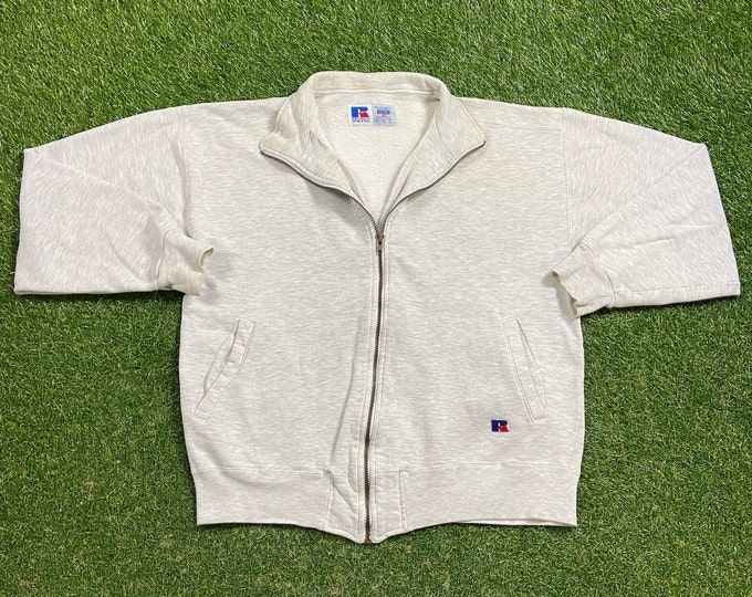 Vintage Plain Gray Russell Athletic Zip Up Sweatshirt Size Large L Quality 1990s Oversized Comfy Great Fit Made USA Original 90s