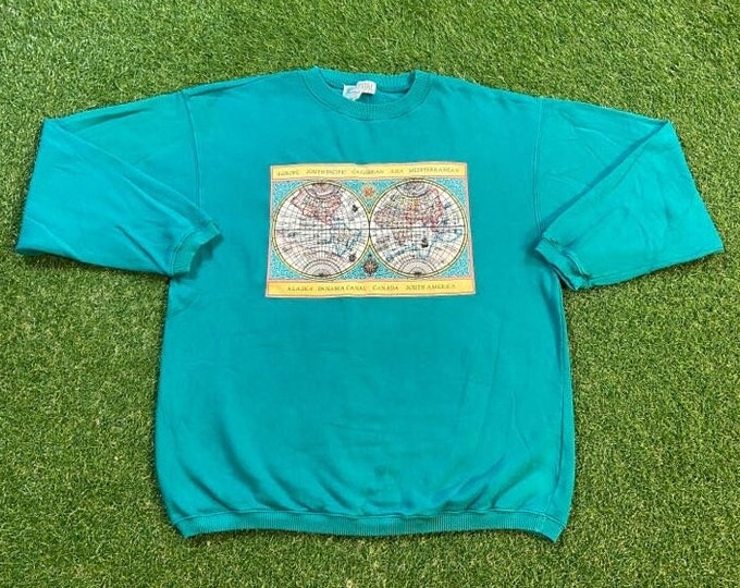 Vintage Map of Earth Crewneck Sweatshirt Made USA Size Medium M Compass Geography Planet Earth Globe 1990s 90s Pull Over Oversized