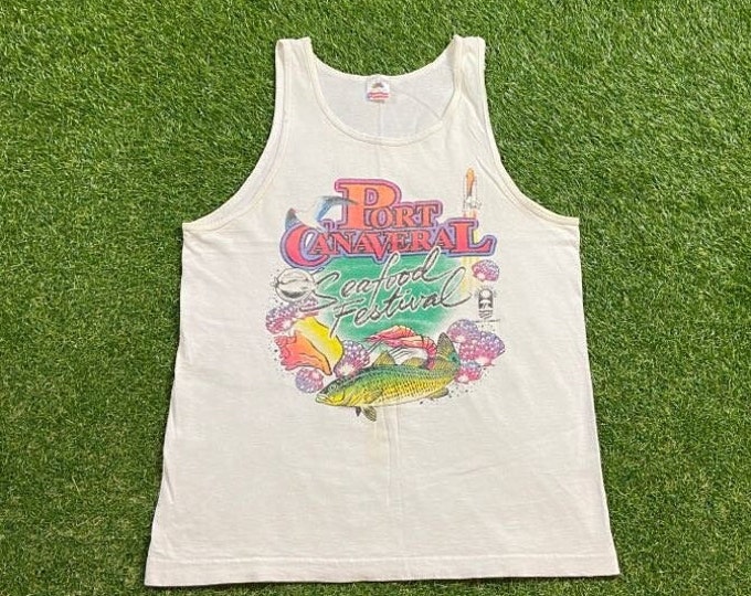 Vintage Port Canaveral Seafood Festival Tank Top Shirt Made USA Size Large L Food Cocoa Beach Florida Tourist Travel Tropical 1990s All Over