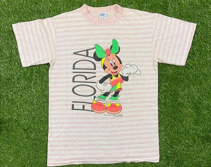 Vintage Minnie Mouse Florida T Shirt Tee Velva Sheen Made USA Size Medium Walt Disney World Classic Mickey Mouse 90s Magic Kingdom M Striped