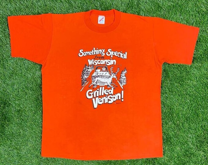 Vintage Something Special from Wisconsin Grilled Venison! T Shirt Tee Jerzees Made USA Size Xtra Large Cartoon Deer XL VTG 80s Hunting