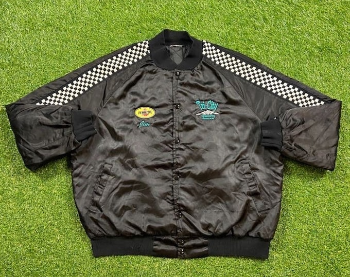 Vintage Tri-City Speedway Racing Bomber Jacket Size Large L Motorsport Daytona 500 All Over Racing Franklin Pennsylvania 1990s 90s