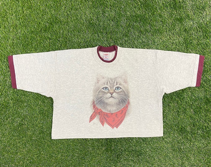 Vintage Cat Crop Top T Shirt Tee T Shirt Factory Made USA Size Xtra Large XL Classic Animal Graphic Shirt