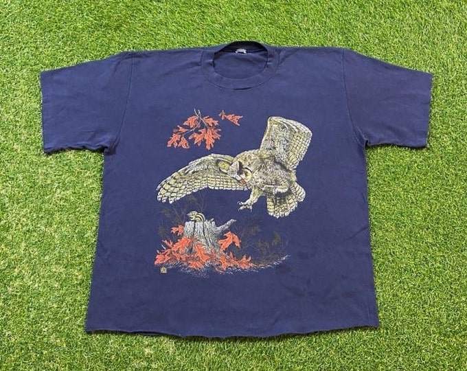 Vintage Owl T Shirt Tee Size Medium M Birds Animals Habitat All Over Print Art Cool 1980s 80s zoo