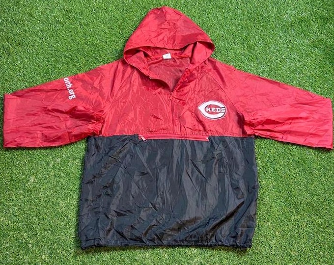 Vintage Cincinnati Reds Hoodie Windbreaker Jacket Size Large L MLB Baseball Ohio Classic Light Rain Coat 1990s 90s