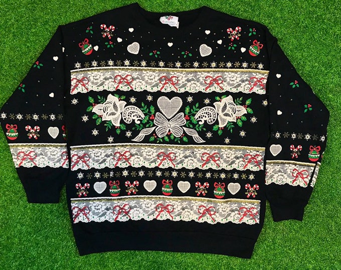 Ugly Christmas Sweater Vintage Tacky Holiday Party Merry Women's Santa Classic Men's Fits like M Xmas 80s 90s Thick Print USA Sweatshirt