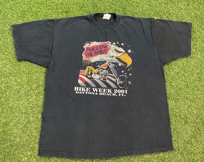 Vintage Bike Week 2001 T Shirt Tee Jerzees Size XXL 2XL Daytona Beach Florida FL Harley Davidson 3D Eagle Motorcycle Biker All Over