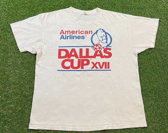 Vintage American Airlines Dallas Cup XVII T Shirt Tee Lotto Made USA Size XL Soccer Flight Flying Airplanes Commercial Airline 1990s 90s