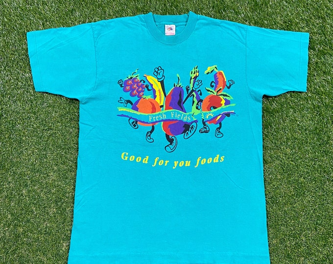 Vintage Fresh Fields T Shirt Tee Made USA Size Large L Whole Foods Market Team Member Food Nutrition Grocery Vegetables Fruits 90s