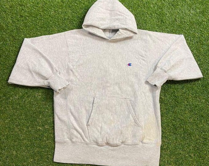 Vintage Plain Gray Champion Hoodie Sweatshirt Made USA Size Large L Quality 1990s Oversized Comfy Great Fit Original 90s Pull Over