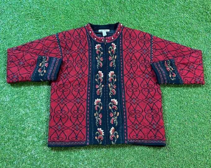 Vintage Floral Knit Sweater Mac Duff Size Large L Gardening Flowers Love Bees Caterpillars Butterflies Nature Plants 1990s 90s