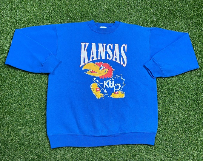 Vintage University of Kansas Crewneck Sweatshirt Made USA Size Large L NCAA College Basketball Classic Jayhawks 1990s 90s Pull Over
