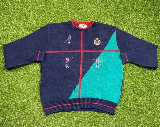 Vintage Golf Knit Crewneck Sweater Winona Knits Made USA Size Large L Masters Tournament US Open Masters Collection Tiger Woods Pull Over