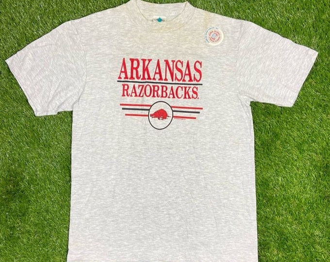 Vintage Arkansas Razorbacks Spell Out Tee T Shirt NCAA College Brand NEW Football Size Large 80s Basketball 1980s 80s SEC