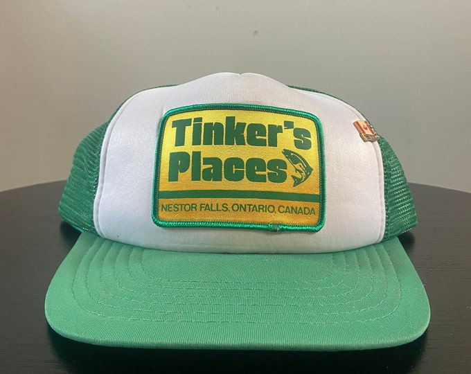 Vintage Tinker's Places Strap Back Hat OSFA Nestor Falls Ontario Canada Fishing Hunting Nature Bass Pro Shop 1980s 80s Trucker