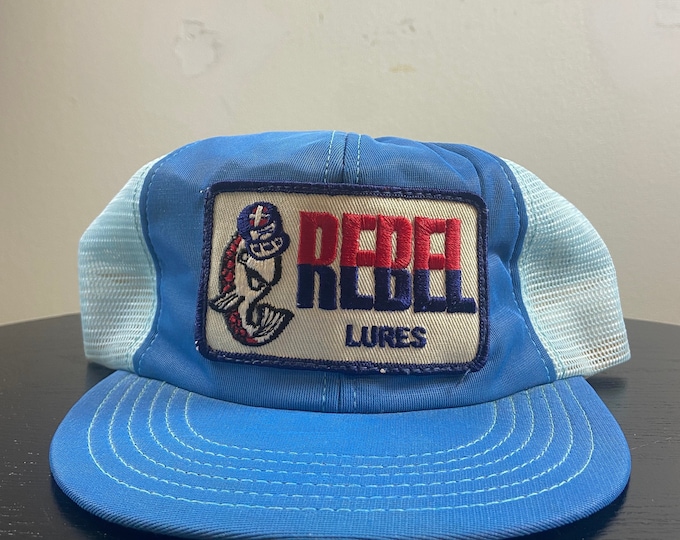 Vintage Rebel Lures Snapback Hat Outdoor Cap Made USA OSFA Fishing Hunting Nature Bass Pro Shop 1970s 70s Mesh Trucker