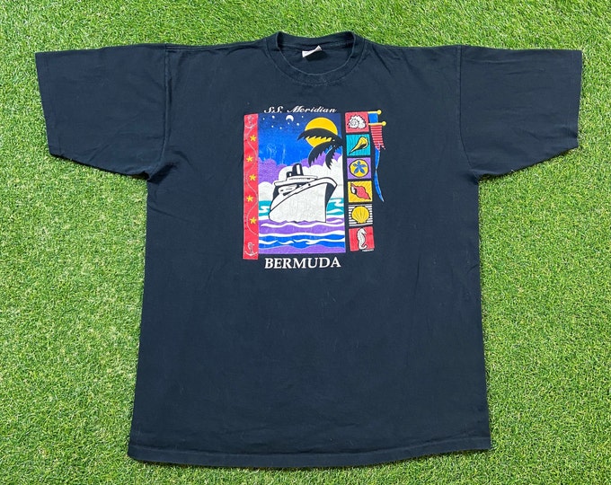 Vintage Bermuda S.S. Meridian T Shirt Tee Made USA Size XXL Cruise North Atlantic Ocean Beautiful British Island Beach VTG All Over Print