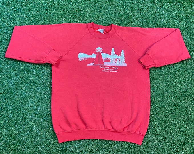 Vintage Buckatabon Lodge & Lighthouse Inn Crewneck Sweatshirt Fruit of the Loom Made USA Size Xtra Large XL Conover Wisconsin 90s Pull Over