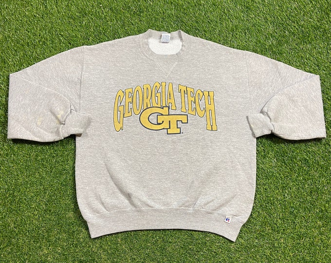 Vintage Georgia Tech University Crewneck Sweatshirt Made USA Large L NCAA College Basketball Atlanta Yellow Jackets Pull Over Russell 90s