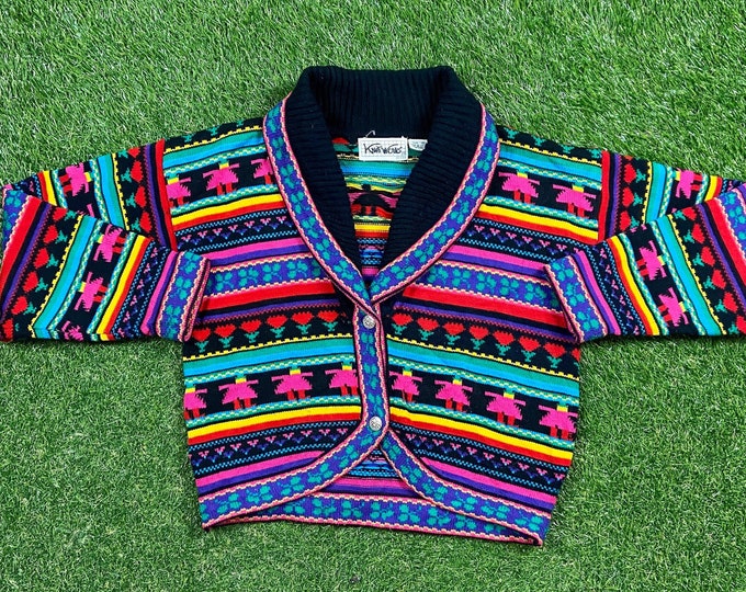 Vintage Multicolor Knitted Crewneck Sweater Size Small S Quality Warm Winter Fashion Pull Over 1980s 80s Cardigan Colorful Neon Bright