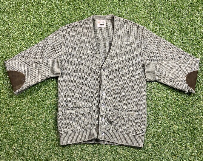 Vintage Green Cardigan Knit Sweater Jockey Size Medium M 1960s 60s Comfy Button Down Warm Original