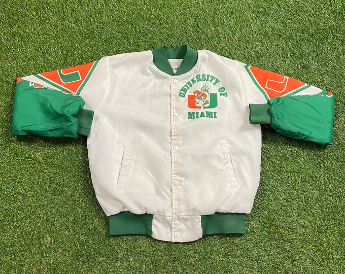 Vintage University of Miami Hurricanes Satin Bomber Jacket Made USA Size Small S NCAA College Football 305 The U Miami Style Florida Classic