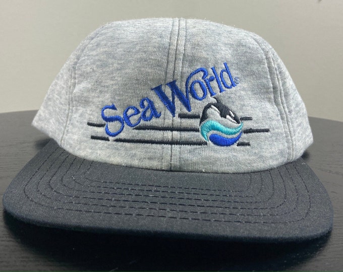 Vintage Sea World Snapback Hat Made USA OSFA Orlando Florida Amusement Theme Park Planet Ocean 1990s 90s