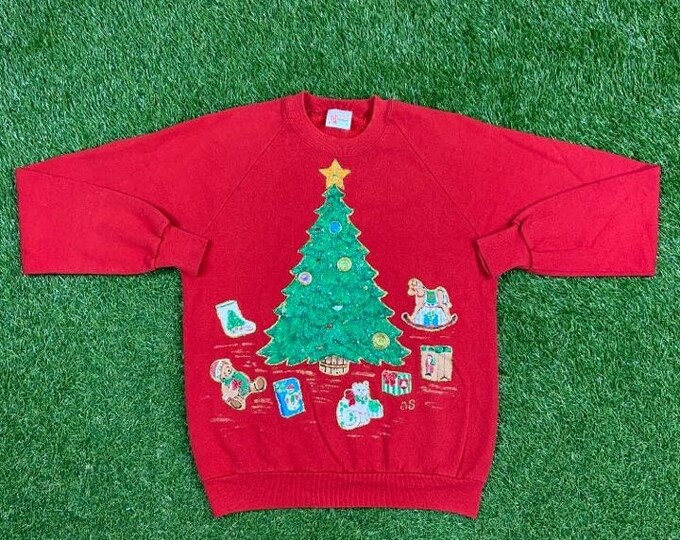 Ugly Christmas Sweater Vintage Tacky Holiday Party Merry Santa Classic Santa Claus Xmas Tree Ornaments 90s 80s Knit Classic Size Large L