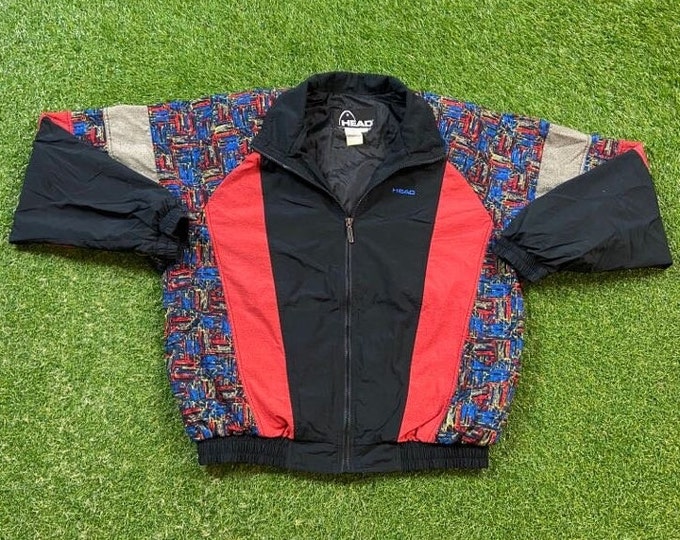 Vintage Graphic Windbreaker Zip Up Jacket Head Large L Multicolor Streetwear Sport Active Wear Classic Light Rain Coat 1990s Shoulderpads