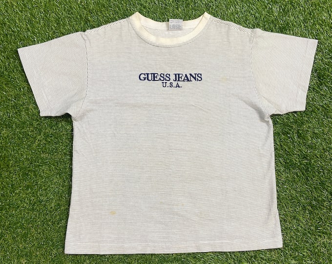 Vintage Guess Jeans USA T Shirt Tee Made USA Size Large L Designer 80's Classic Rare GUESS ? Jeans 1980s Original Striped Tee