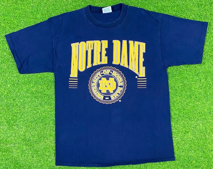 Vintage Notre Dame Spell Out T Shirt Tee Fighting Irish 1990s Blue 90s NCAA Football Faded Danaggers Made USA Large Classic Single Stitch