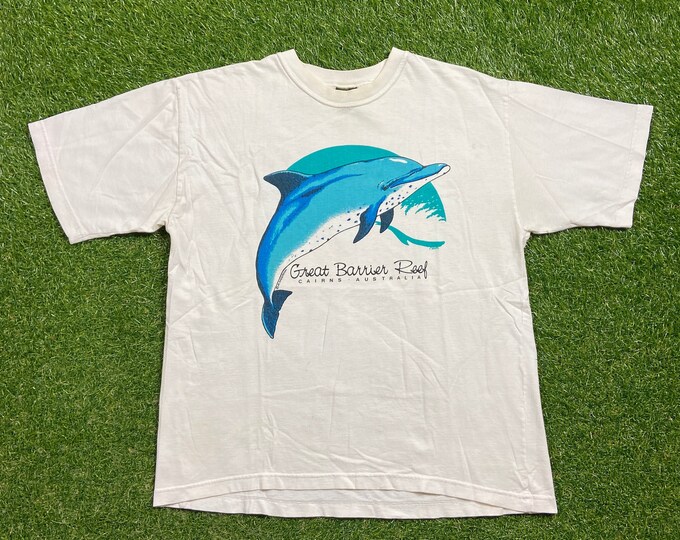 Vintage Great Barrier Reef T Shirt Tee Size Medium M Dolphin Cairns Australia Sea Life Planet Ocean Animals Habitat All Over Print Cool 90s