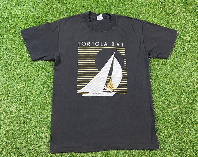 Vintage Tortola BVI T Shirt Tee Made USA Size Medium M British Virgin Islands Caribbean Sea Tropical Beach All Over 1990s 90s