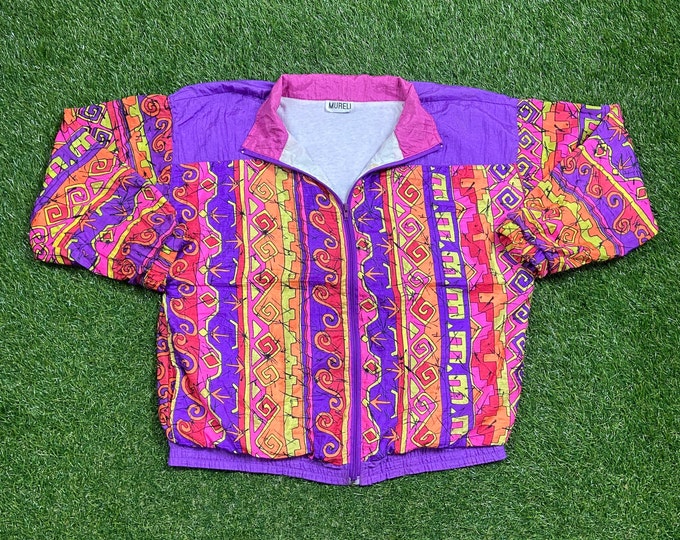 Vintage Graphic Windbreaker Zip Up Jacket Mureli Size Large L Multicolor Streetwear Sport Active Wear Classic Light Rain Coat 1990s
