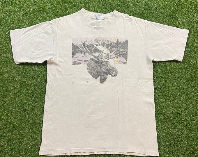 Vintage Moose T Shirt Tee Oneita Made USA Size Xtra Large XL Animals Habitat All Over Print Cool 1990s 90s
