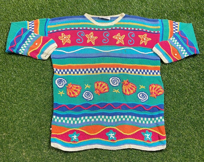 Vintage Multicolor Sea Knitted Crewneck Sweater Talbots Size Large L Planet Ocean Quality Warm Winter Fashion Pull Over Oversized 1990s 90s