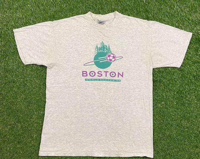 Vintage Boston World Soccer 94 T Shirt Tee Oneita Made USA Size Large L MLS Major League Soccer Futbol 1990s 90s