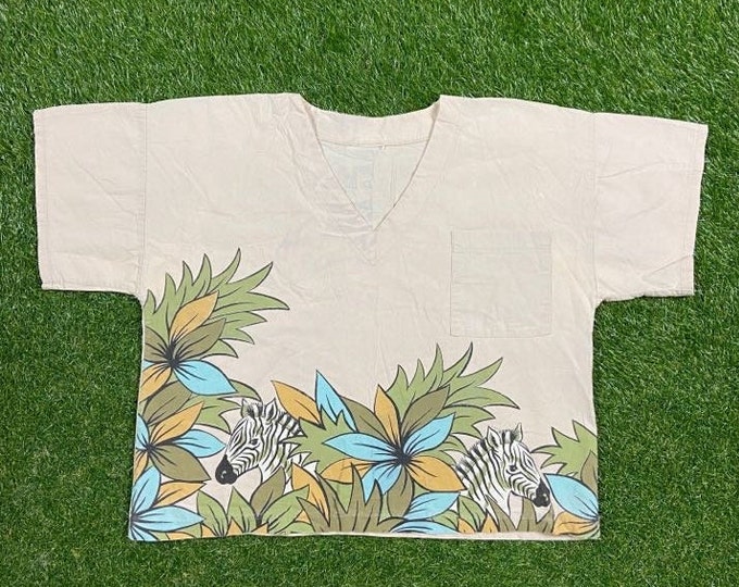 Vintage Zebra T Shirt Tee Size Medium M Animals Habitat All Over Print Cool 1990s 90s Crop