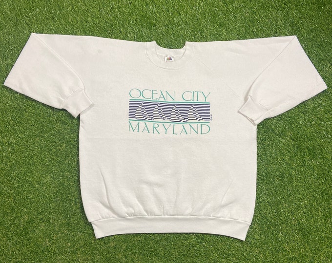 Vintage Ocean City Maryland Crewneck Sweatshirt Made USA Size Xtra Large XL Boardwalk Beach Planet Ocean DMV All Over Print 1990s 90s