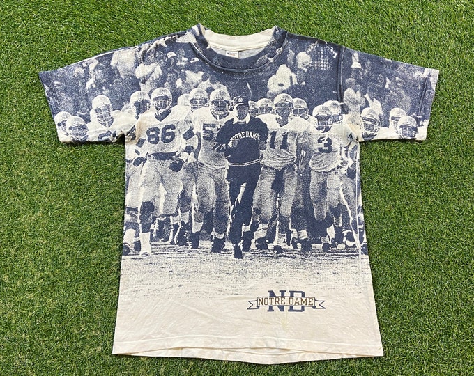 Vintage University of Notre Dame T Shirt Tee Champion Made USA Large L Fighting Irish 1990s 90s NCAA College Classic All Over Print Coach