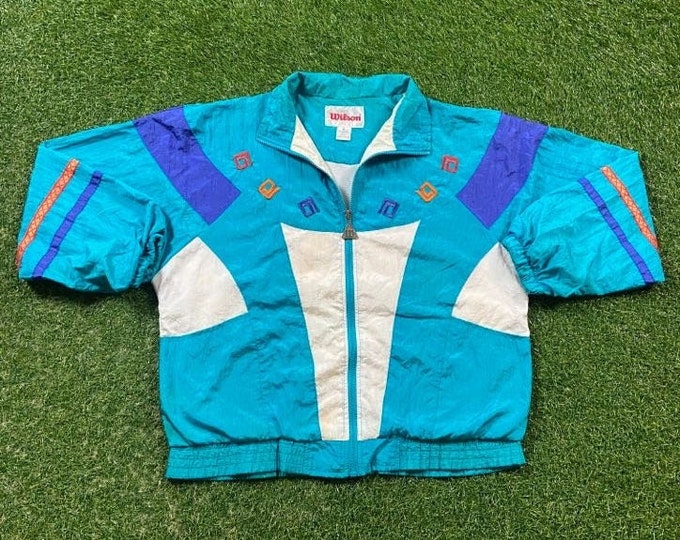 Vintage Graphic Windbreaker Zip Up Jacket Wilson Size Medium M Multicolor Streetwear Sport Active Wear Classic Light Rain Coat 1990s