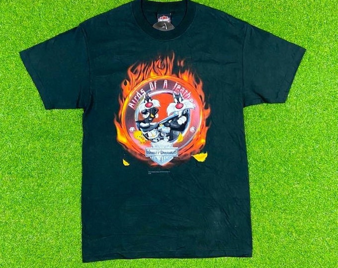 Vintage Harley Davidson Looney Tunes Birds of a Feather Graphic Tee T Shirt Warner Bros Cartoon Network Medium Animation Made USA Brand New