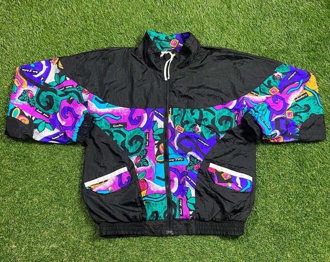 Vintage Graphic Windbreaker Zip Up Jacket Active Exposure Size Large L Multicolor Streetwear Sport Active Wear Classic Light Rain Coat 1990s