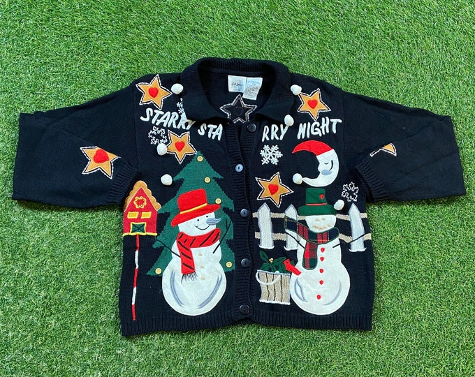Ugly Christmas Cardigan Sweater Vintage Tacky Holiday Party Merry Santa Classic Size Small S Xmas 90s Christmas Snowmen Classic Hand Knit